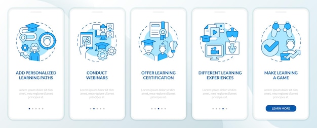 Creazione di programmi di formazione online blu onboarding schermata dell'app mobile