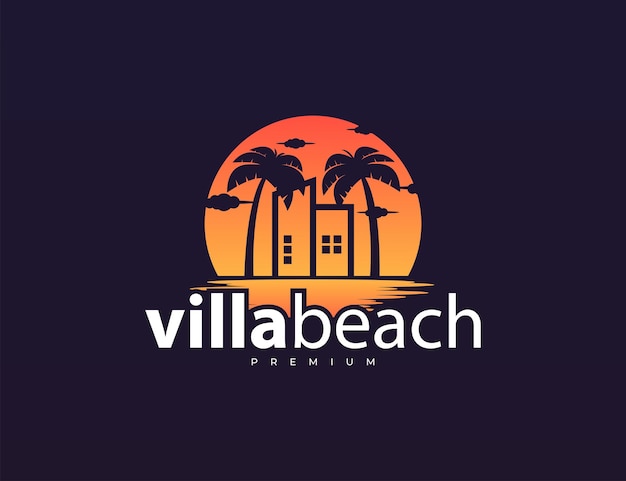 Vector building and palm tree with sunset logo design