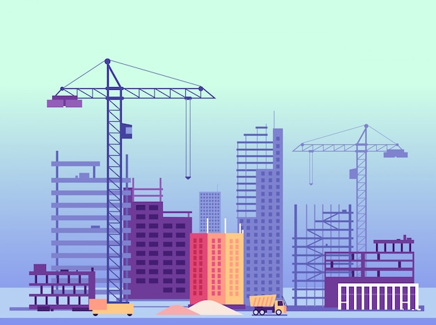 Building process. unfinished buildings and construction machines. vector illustration