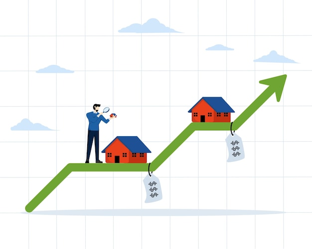 Vettore costruzione e investimento immobiliare illustrazione vettoriale con uomo d'affari che cammina sul grafico verde