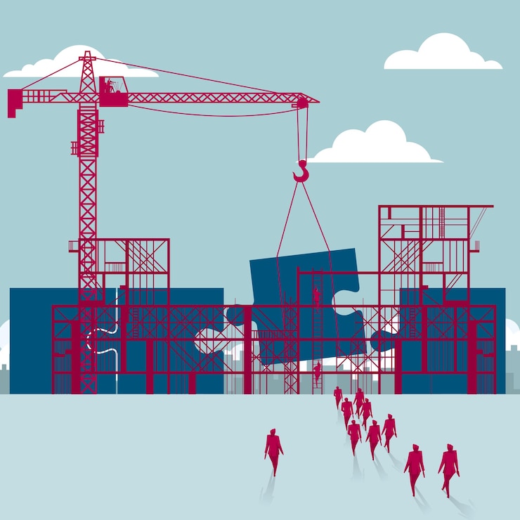 Vector building puzzle symbols.a group of businessmen walked to the building site.