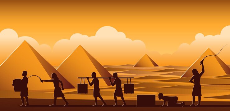 Vector building pyramid in egypt in ancient time use men to be slave the whole day with cartoon versionvector illustration