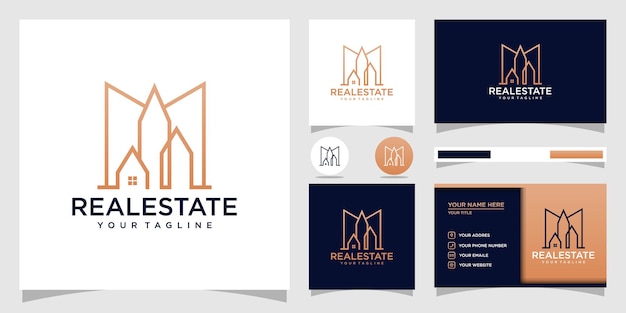 Building real estate logo with line art concept and business card Premium Vector.