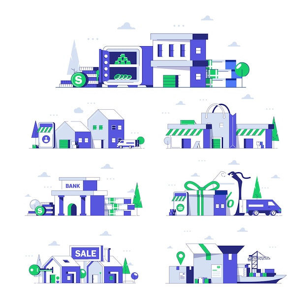 Building set,home,bank,store,apartment,flat design icon vector illustration