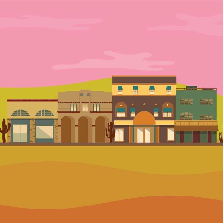 Vector building_set__sunset_southwest_group_spanishhouse_mudhut_southamerican_desert_home_shops_natural