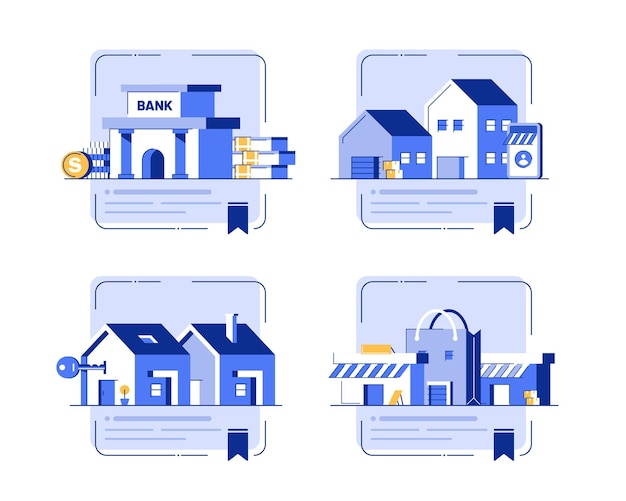 Set di edificihomebankstoreapartmentflat design icon illustrazione vettoriale