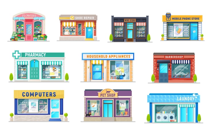 Vector 상점 상점 약국 세탁 아이콘의 건물