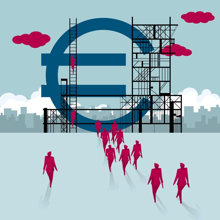 Vector building site, teamwork concept. a group of businessmen walked towards the euro symbol being built.