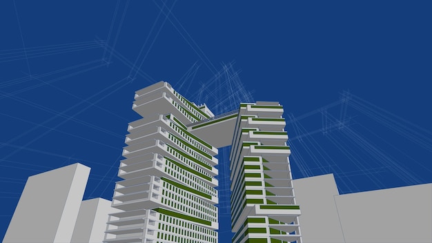 Архитектурный эскиз здания 3d иллюстрации, линии перспективы здания архитектуры