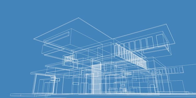 Illustrazione architettonica 3d di schizzo di edificio, linee di prospettiva della costruzione di architettura