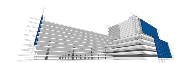 Vettore illustrazione architettonica 3d di schizzo di edificio, linee di prospettiva della costruzione di architettura