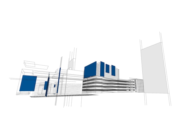 Vettore illustrazione architettonica 3d di schizzo di edificio, linee di prospettiva della costruzione di architettura