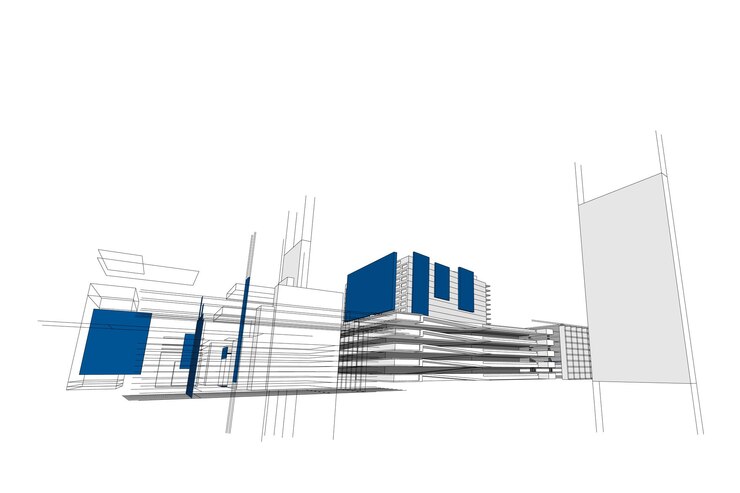 Vector building sketch architectural 3d illustration, architecture building perspective lines