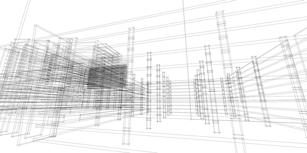 Illustrazione architettonica 3d di schizzo di edificio, linee di prospettiva della costruzione di architettura