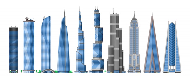 Vettore il grattacielo della costruzione nell'orizzonte della città di paesaggio urbano e nell'ufficio che costruiscono affari della società commerciale e costruiscono l'architettura al cielo alto hanno messo l'illustrazione su fondo bianco