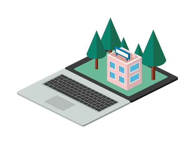 building and trees isometric scene on laptop