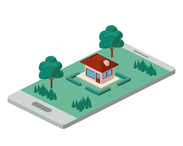 Building and trees isometric scene on smartphone