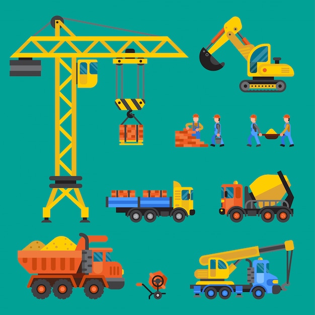 建設中の建物のクレーンと労働者の建物建設技術の図。ミキサートラックのビルダーの人々。建設コンセプトの下。分離されたヘルメットハイテク機械の労働者