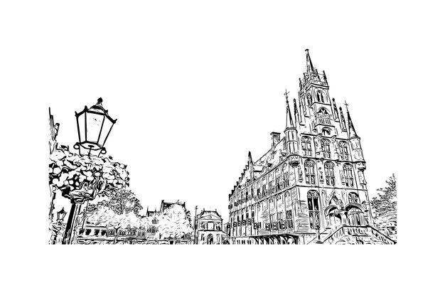 Building view with landmark of Gouda Hand drawn sketch illustration in vector