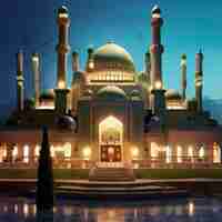 Vector a building with a large blue and yellow dome with the word mosque on the bottom