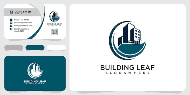 Edificio con foglia logo design template.green icona del concetto di casa. costruzione logo design