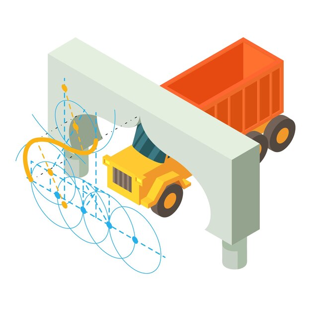 Building work icon isometric vector Arch project and yellow dump truck icon Designing building reconstruction