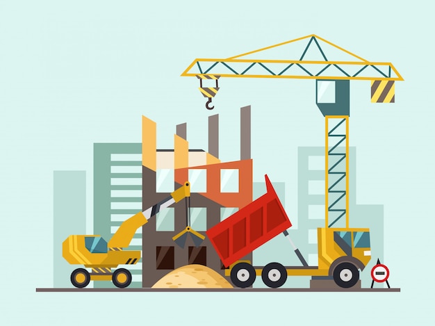 Building work process with houses and construction machines. Vector illustration.