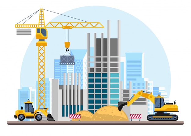 Vector building work process with houses and construction machines.