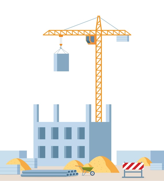 Building work process with houses and tower crane Vector illustration