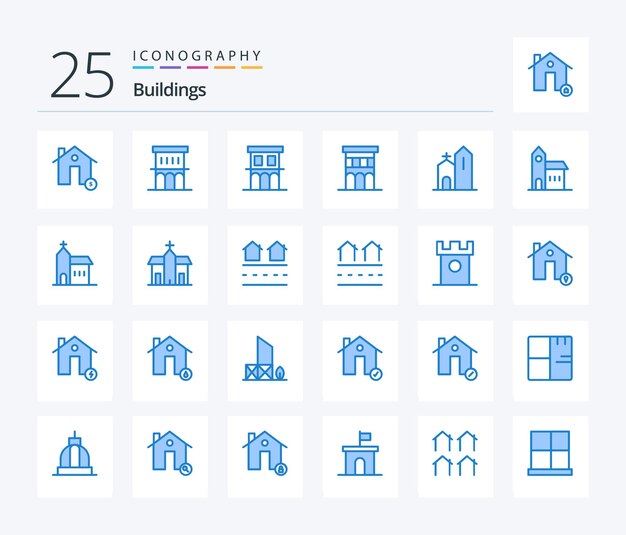 Vector buildings 25 blue color icon pack including housing estate property monastery church