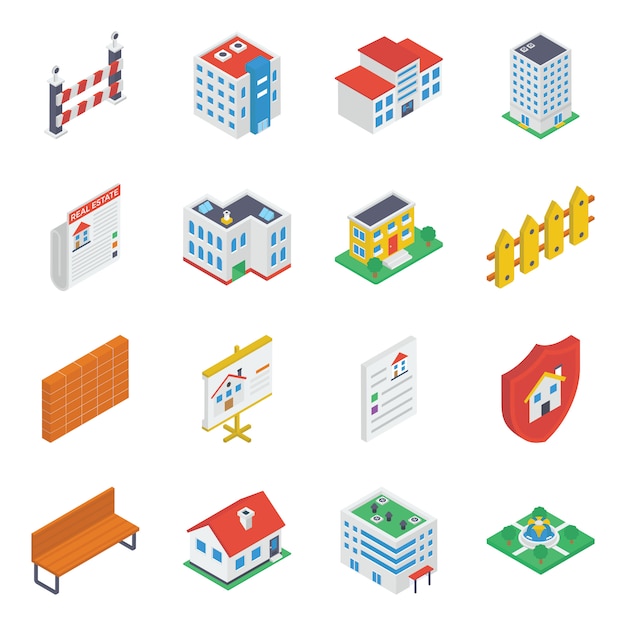 Buildings accessories isometric icons pack
