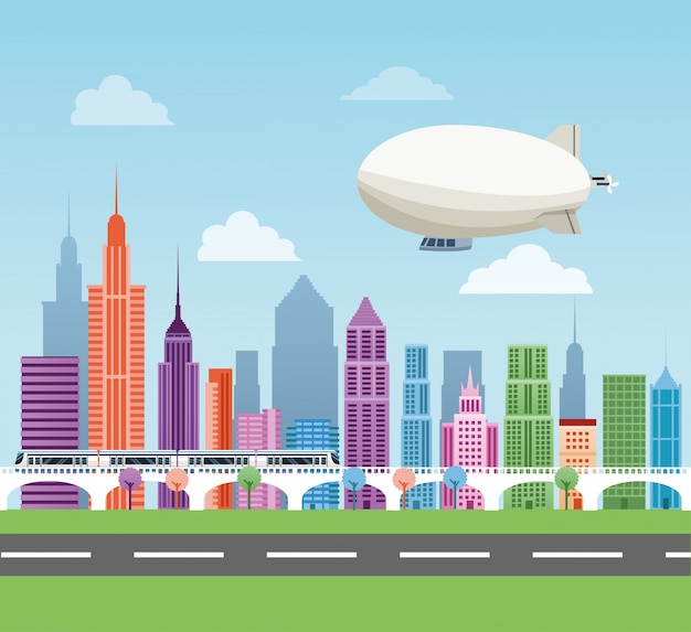 Vector buildings airship and train icon