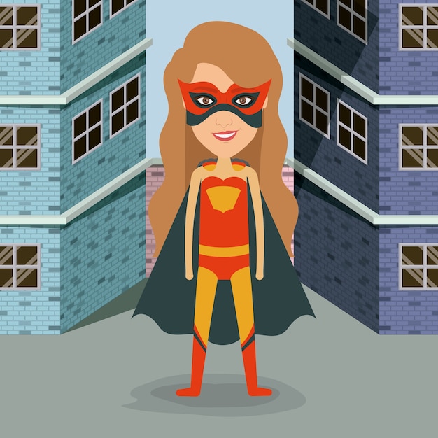 Vector buildings brick facade with hero woman