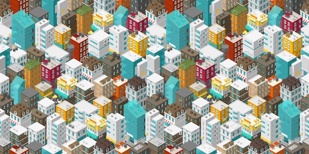 Vector buildings city seamless pattern. isometric top view. vector town city street.