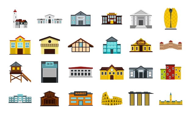 Buildings icon set. flat set of buildings vector icons collection isolated