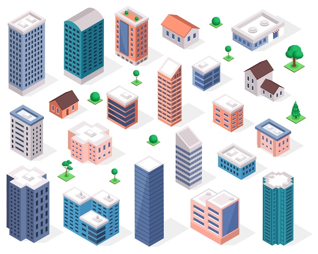 Buildings isometric urban building skyscraper residential house apartment office shop store bank