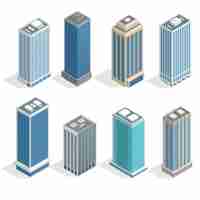 Vector buildings and modern city houses on 30-40 floors flat isoleted vector icons. isometric projection of a three-dimensional houses, buildings for web projects, business presentations, infographics, game.