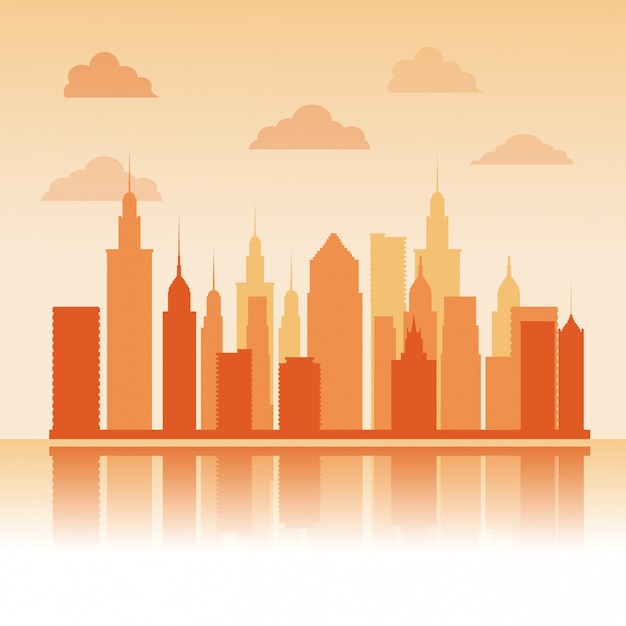 Buildings with clouds icon