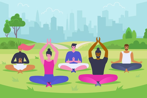 Buiten meditatie platte vectorillustratie. glimlachende mannen en vrouwen in sportkleding stripfiguren. gelukkige jonge mensen zitten in lotus houding. frisse luchtactiviteit, yoga-oefening, ontspanning in het park