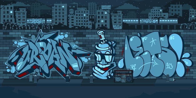 Vector buiten stedelijke graffiti muur met tekeningen 's nachts tegen de achtergrond van het stadsgezicht vector illustratie art