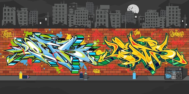 Vector buiten stedelijke graffiti muur met tekeningen 's nachts tegen de achtergrond van het stadsgezicht vector illustratie art