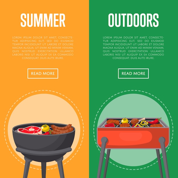 Buiten zomer picknick banners met vlees op bbq