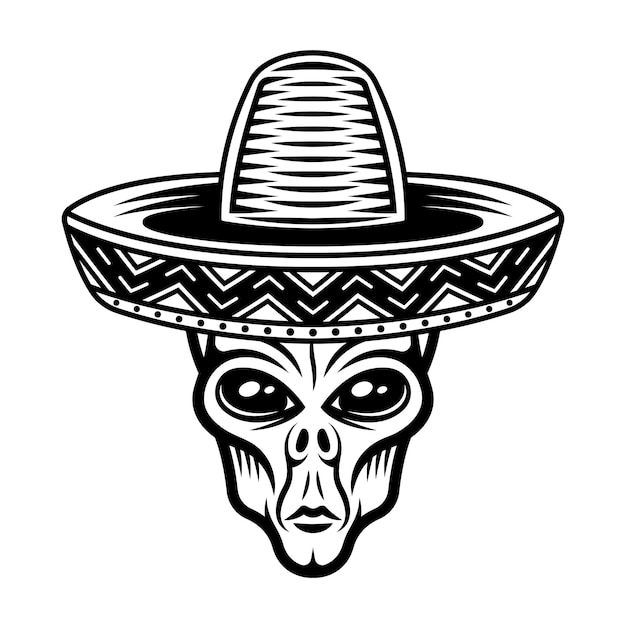 Vector buitenaards hoofd in sombrero hoed vectorillustratie in zwart-wit vintage stijl geïsoleerd op een witte background