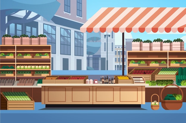 Vector buitenmarkt voor biologische levensmiddelen met groenten en fruit op de achtergrond van een horizontaal stadsbeeld