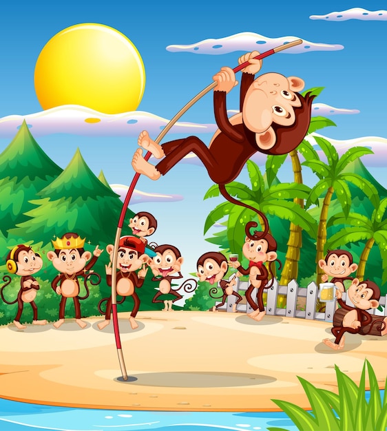 Buitenpark met kleine apen die verschillende activiteiten doen