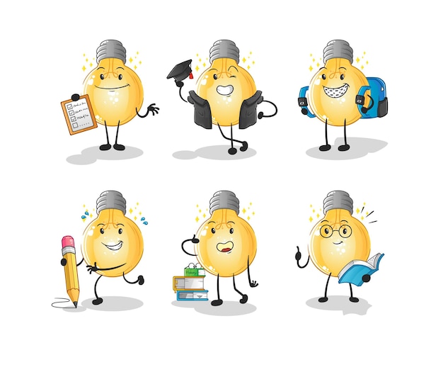 Bulb education set character. cartoon mascot vector