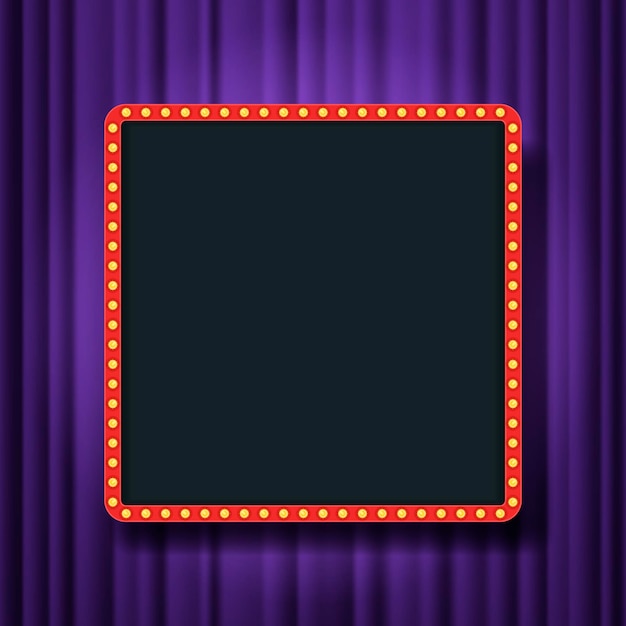 보라색 극장 커튼 배경에 빈 공간이 있는 전구 프레임. 벡터 디자인 요소입니다. 텍스트, 광고를 위한 공간입니다. 빈 템플릿입니다.