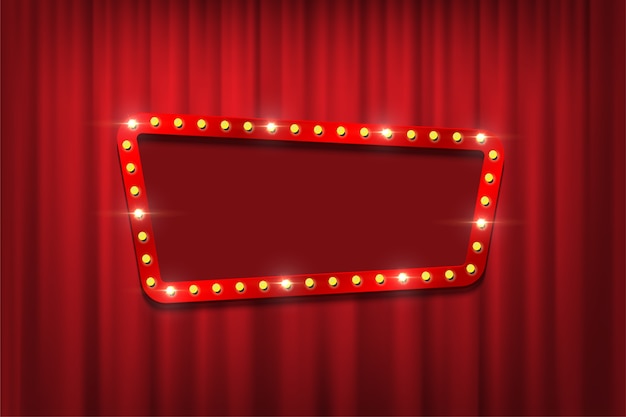 Vector bulb frame with empty space on red curtains background.