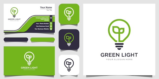 Bulb lamp nature leaf logo and business card design