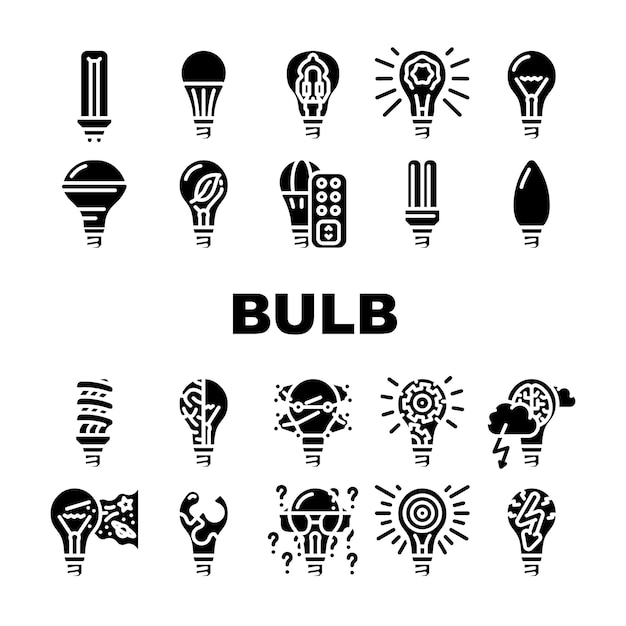 Vector bulb lighting electric accessory icons set vector fluorescent and halogen light bulb led and energy save electricity equipment electrical innovation technology glyph pictograms black illustrations